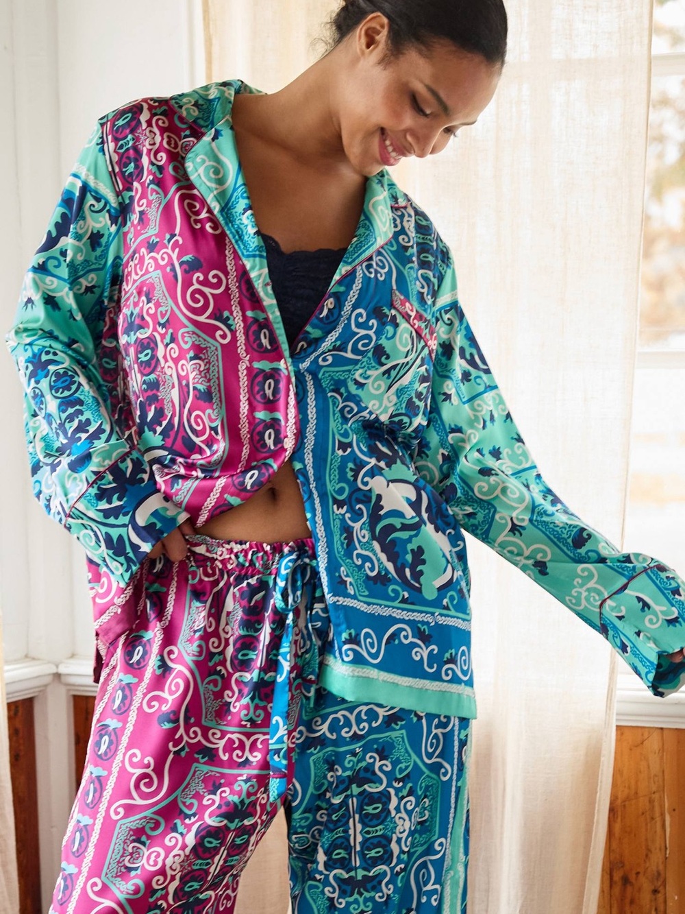 Anthropologie Multi-Color Paisley Satin Pajama Set - Teal & Magenta XS